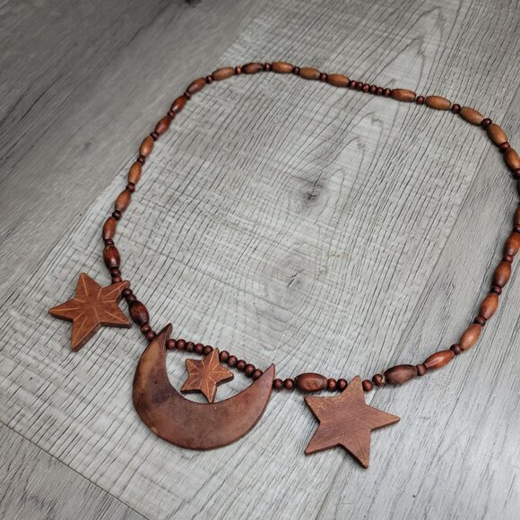 Handcrafted Wooden Star & Crescent Moon Necklace - Picture 4 of 4
